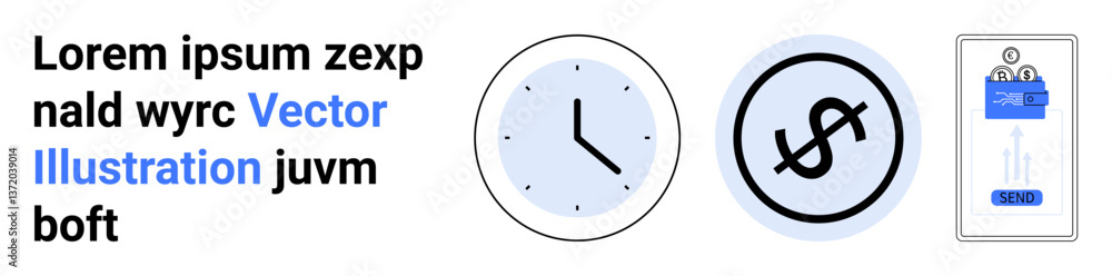Clock for time, dollar for financial growth, ID badge for networking. Ideal for business efficiency, corporate themes, economics, investments, productivity, networking simple landing page Clock for time, dollar for financial growth, ID badge for networking. Ideal for business efficiency, corporate themes, economics, investments, productivity, networking simple landing page