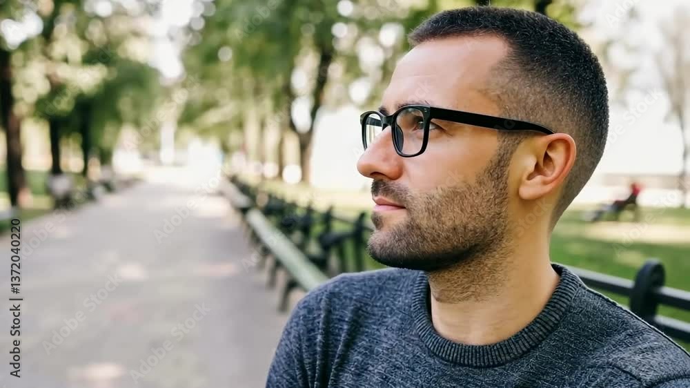 Contemplative man in park, gazing thoughtfully, savoring nature's calm serenity Contemplative man in park, gazing thoughtfully, savoring nature's calm serenity