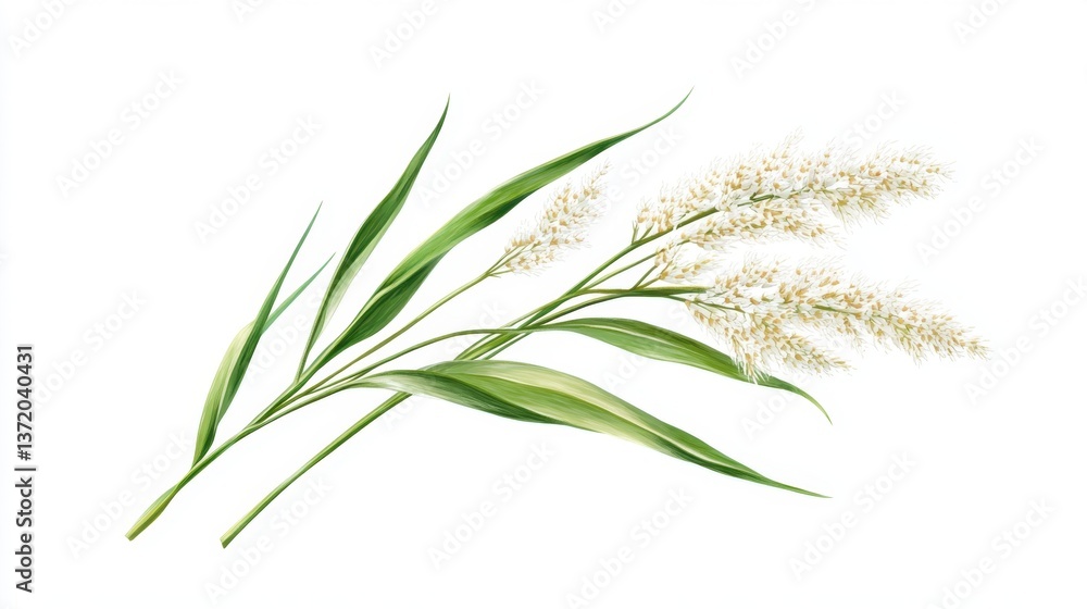 Naklejka premium Delicate Green Leaves with White Flowering Sprigs on White Background