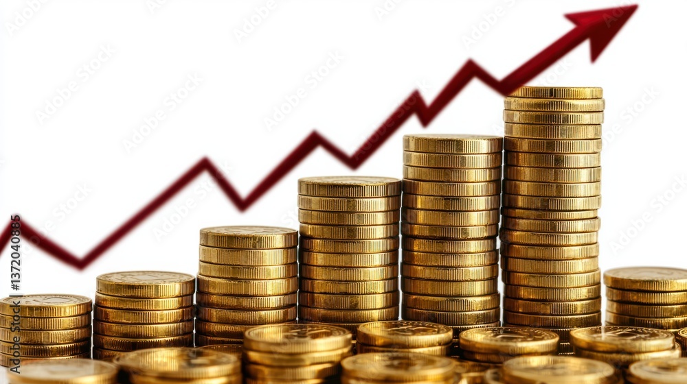 Growth in Finance with Stacked Coins and Rising Graph Background Growth in Finance with Stacked Coins and Rising Graph Background