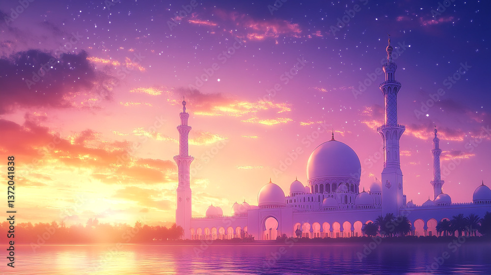 Fototapeta premium A grand mosque silhouette against a vibrant sunset sky with water reflection and starry night above
