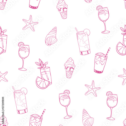 Summer coctails vector seamless pattern with transparent background in whimsical hand drawn outline style. Wallpaper background for menu, packing, scrapbook paper, textile. Pink girly glasses