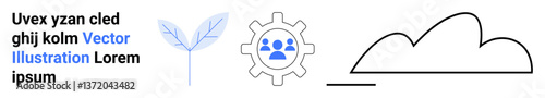 Gear encompassing people icon, blue leaf denoting environmental focus, minimalist cloud element. Ideal for teamwork, environment, innovation, cloud computing, progress, collaboration simple landing