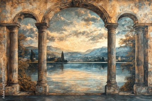 Wallpaper Mural Serene landscape mural with classical arches framing tranquil la Torontodigital.ca