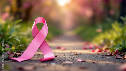 Pink Ribbon on a Path in Nature, Symbol of Breast Cancer Awareness and Support