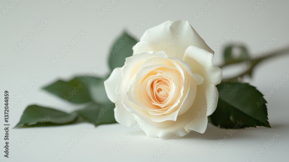 Fototapeta premium Cream rose bloom on a white surface, leaves out of focus. Use this for weddings, romantic gestures, or sympathy images.