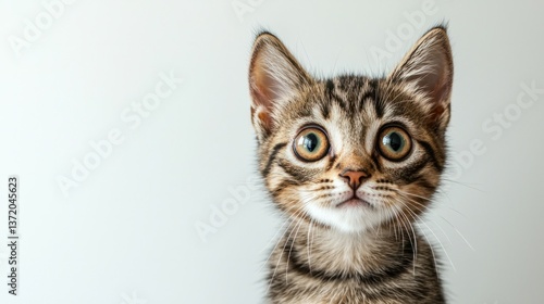 Adorable tabby kitten with large eyes on light background