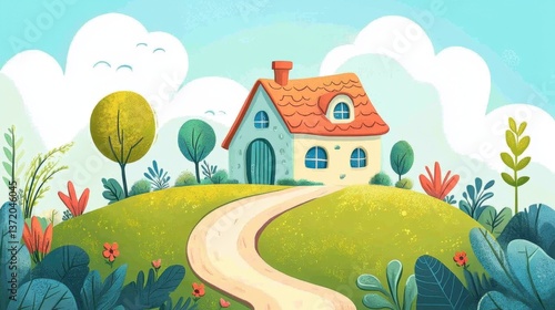Charming Illustration of a Cozy House Surrounded by Nature Scene