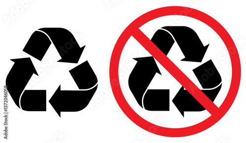 Recycle and recycling not allow sign in white background, recycling icon, no recycle icon, sign, symbol, vector illustration. 