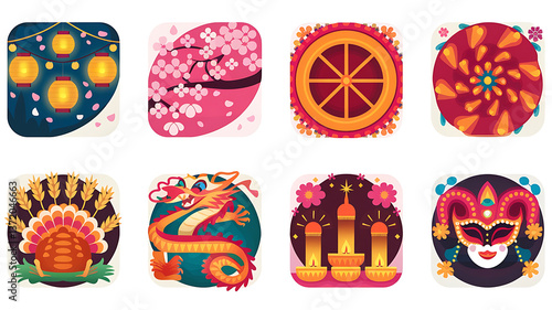Colorful circular icons showcase festive designs, celebrating traditions and cultural symbols worldwide.