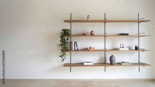 Modern wooden shelving unit against a white wall Empty shelves minimalist style Simple clean design