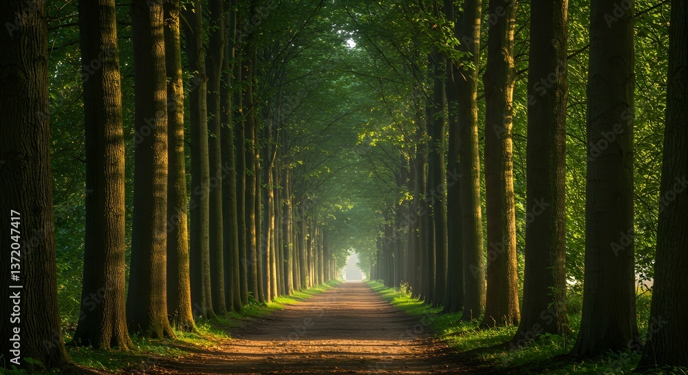 Naklejka premium Serene pathway through tall trees in a vibrant green forest setting