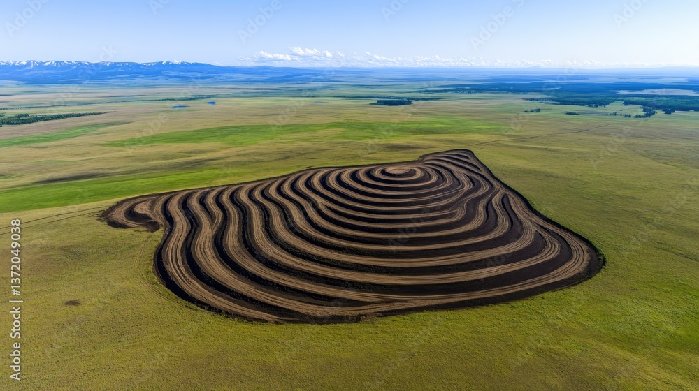 Aerial view of curved agricultural pattern in a grassy field against mountains and blue sky Aerial view of curved agricultural pattern in a grassy field against mountains and blue sky