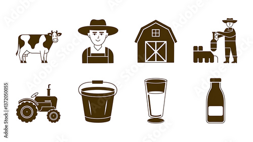 Farm-themed icons depicting cows farmers barns tractors milk buckets glasses and bottles