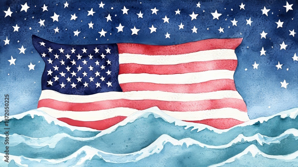 Obraz premium Watercolor American Flag Waves Ocean View Art Piece Natural Environment Serene Concept