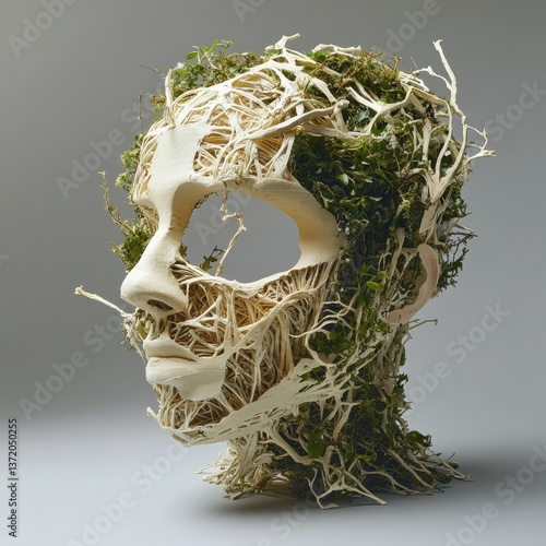 A sculptural head entwined with roots and moss, blending nature with the human form.