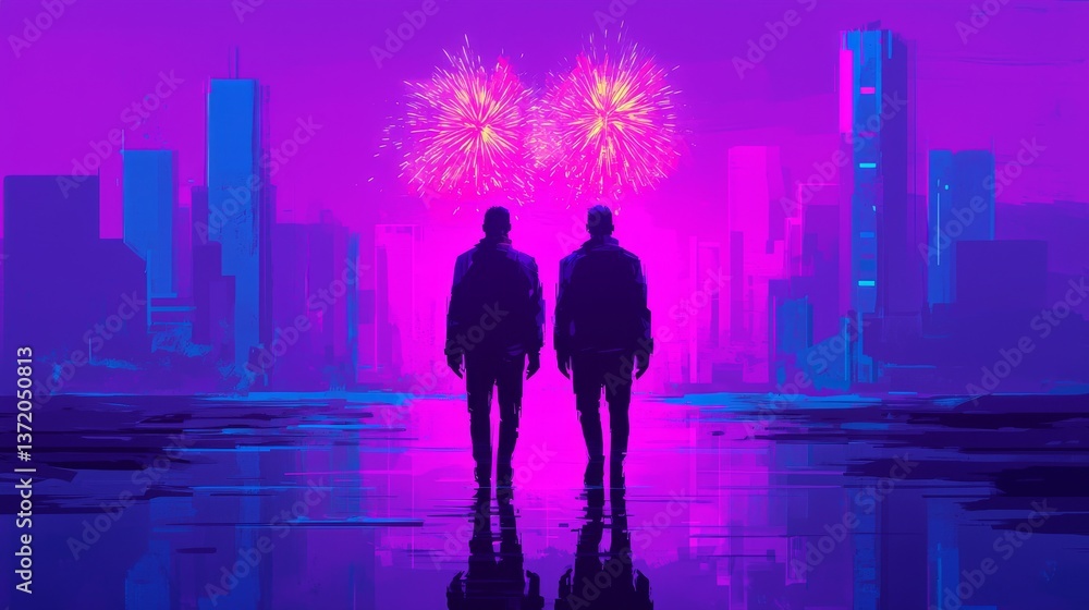 Two Men Walking Away at a Futuristic Skyline Celebration Cityscape Digital Artwork Nighttime Perspective Adventure Two Men Walking Away at a Futuristic Skyline Celebration Cityscape Digital Artwork Nighttime Perspective Adventure
