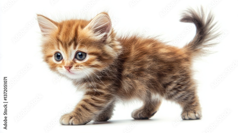 Naklejka premium Adorable fluffy ginger kitten walking with curious expression