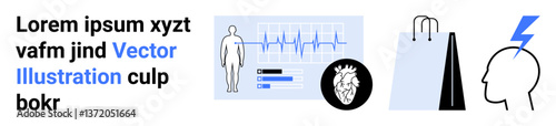 Human body diagram with heartbeat monitor, heart symbol, medical report visuals, and brain power icon. Ideal for health technology, diagnostics, research, cardiology, mental health AI concepts