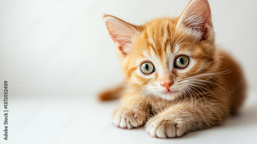 Obraz premium Adorable orange tabby kitten with big green eyes, close-up view