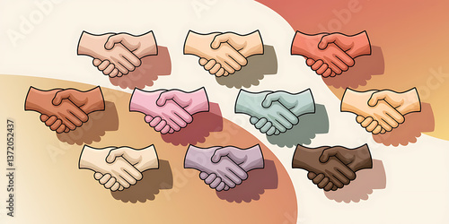 Diverse hands shaking, symbolizing unity, collaboration, and agreement across various skin tones.