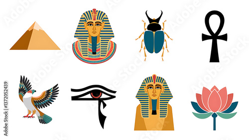 Ancient Egyptian symbols including pyramids, scarabs, and hieroglyphs represent history and cultural heritage.