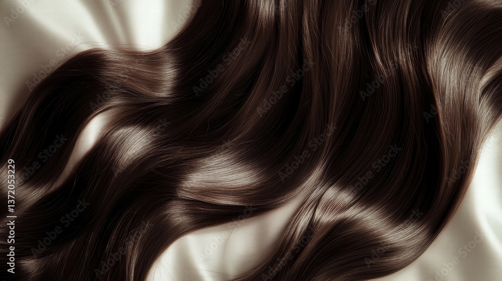 Fototapeta premium Beautiful model girl with Brown hair strand,silky healthy chestnut wavy hair strand,hair wavy ribbon, with smooth,Keratin straightening,Treatment,straight long hair,procedures,Smooth hairstyle.