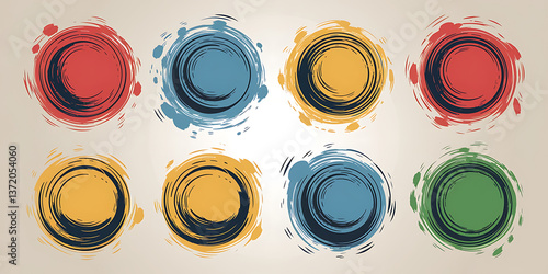 Colorful circular brushstrokes in red, blue, yellow, and green create an abstract, dynamic composition.