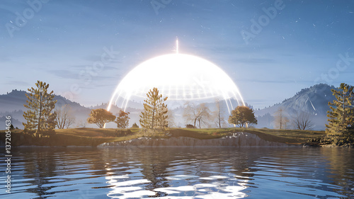 Obraz na płótnie Tranquil island haven shielded by a luminous dome