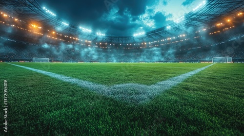 Dark Professional Football Stadium with Intense Lights and Rising Smoke, Night Sky and Thunderstorm in Background, Capturing Dramatic Athletic Atmosphere
