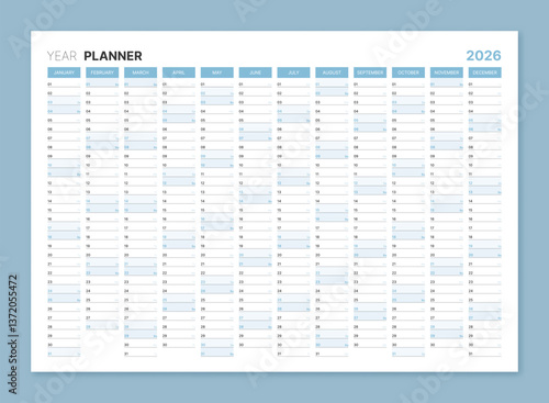 2026 year planner, blank blue annual wall calendar for daily agenda. Schedule page journal, stationery calendar, organizer, planner template with space for personal notes vector illustration
