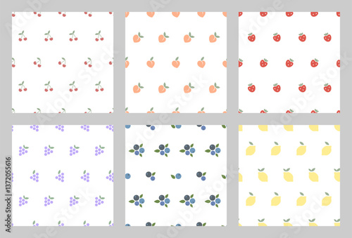 Set of Simple patterns with berries and fruits. Collection of summer fruit patterns. Seamless pattern with cherry, strawberry, peach, blueberry, lemon. Good for wrapping, banners, wallpaper, covers