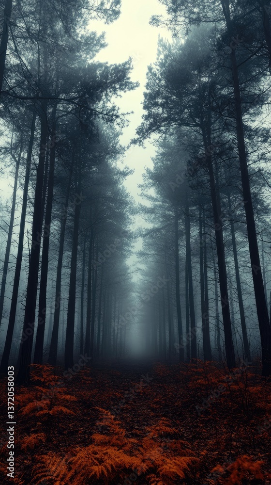 Naklejka premium Misty forest path with tall trees, and deep red ground foliage disappearing into fog