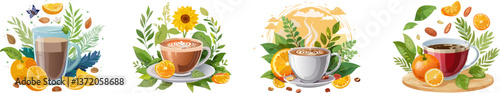 A Colorful Beverage Collection: An artistic assortment of coffee and tea beverages, each framed by decorative arrangements of fruits and foliage.  