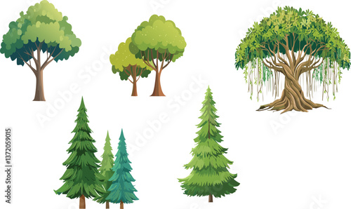 Tree Diversity: A collection of trees featuring different types and sizes, showcasing the beauty of nature's arboreal world.