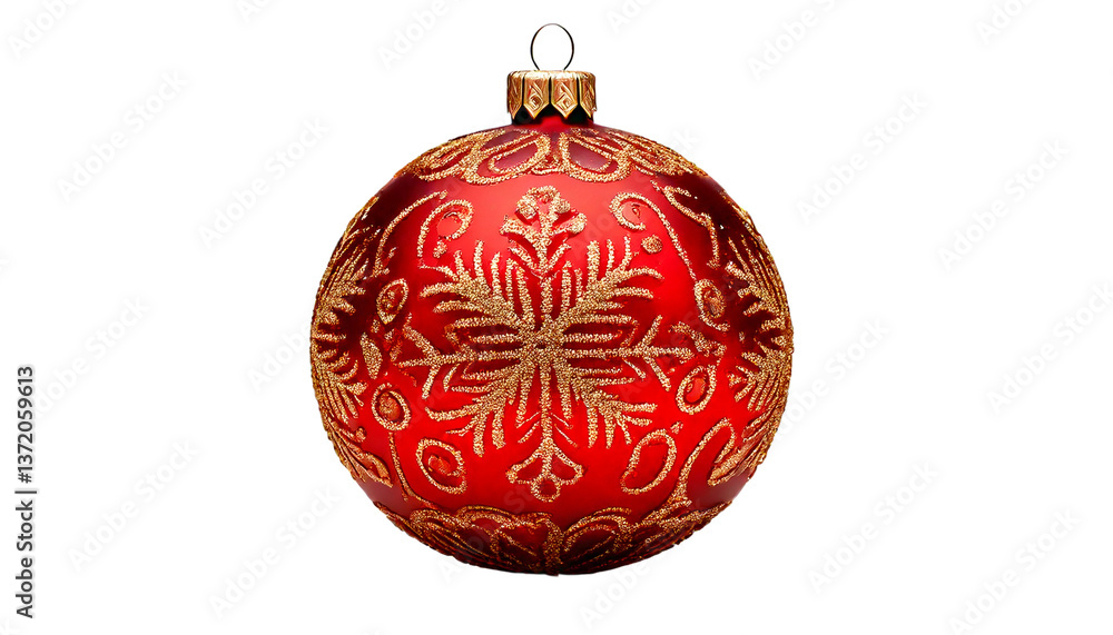 A red and gold Christmas bauble with intricate snowflake patterns, isolated on transparent background PNG. A red and gold Christmas bauble with intricate snowflake patterns, isolated on transparent background PNG.