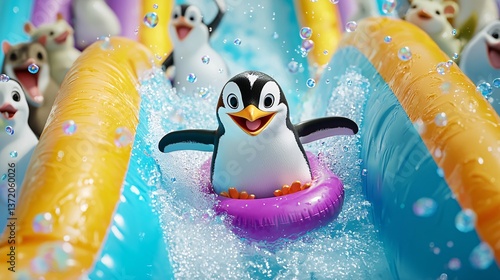 3D Happy Penguin Sliding Down Colorful Water Slide with Excitement