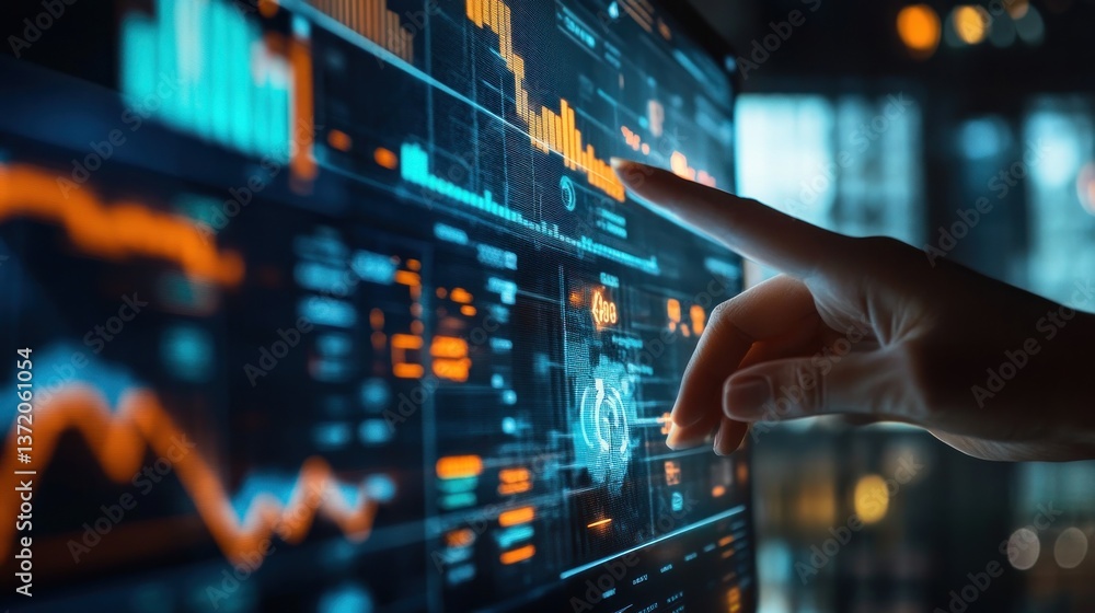 Hand interacting with a large screen displaying financial data Hand interacting with a large screen displaying financial data