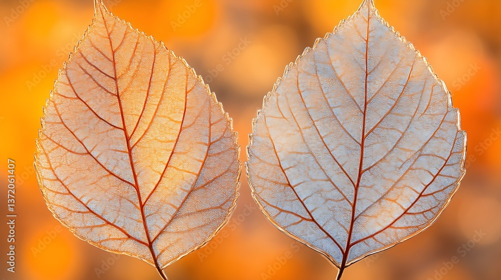 Two Delicate Autumn Leaves Backlit Against A Warm Background Two Delicate Autumn Leaves Backlit Against A Warm Background