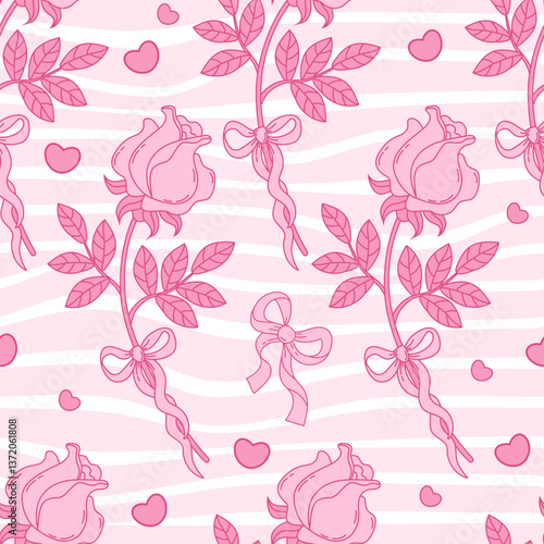 Vintage seamless pattern Coquette Pink Rose with Bow Ribbon on Groovy Distorted Stripe Background with heart. Romantic Girly Vibe. Trendy aesthetic patterned template. Vector illustration