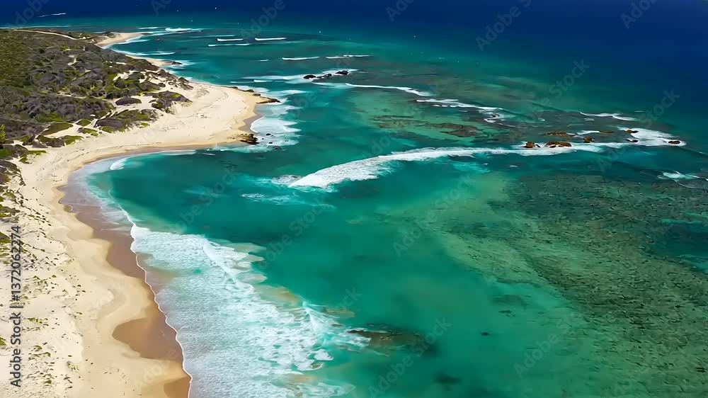 Aerial view of a pristine beach with turquoise waters, gentle waves, and rocky coastline under a clear sky Aerial view of a pristine beach with turquoise waters, gentle waves, and rocky coastline under a clear sky