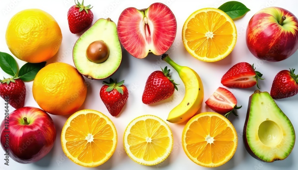 Assortment of organic fruits on white background, mango, pineapple, grapes Assortment of organic fruits on white background, mango, pineapple, grapes