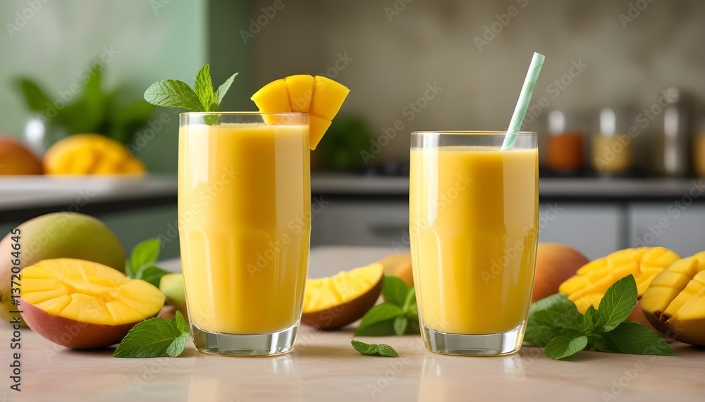 A vibrant, eye-level studio shot captures a mango smoothie in a clear glass, garnished with fresh mint leaves and mango chunks, set against a blurred kitchen backdrop A vibrant, eye-level studio shot captures a mango smoothie in a clear glass, garnished with fresh mint leaves and mango chunks, set against a blurred kitchen backdrop