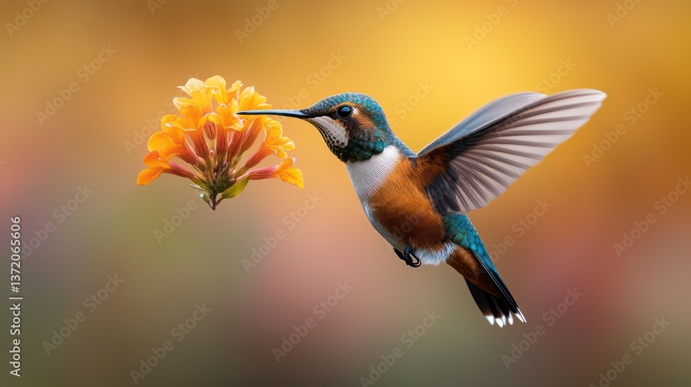 Fototapeta premium Hummingbird in flight, feeding on flower