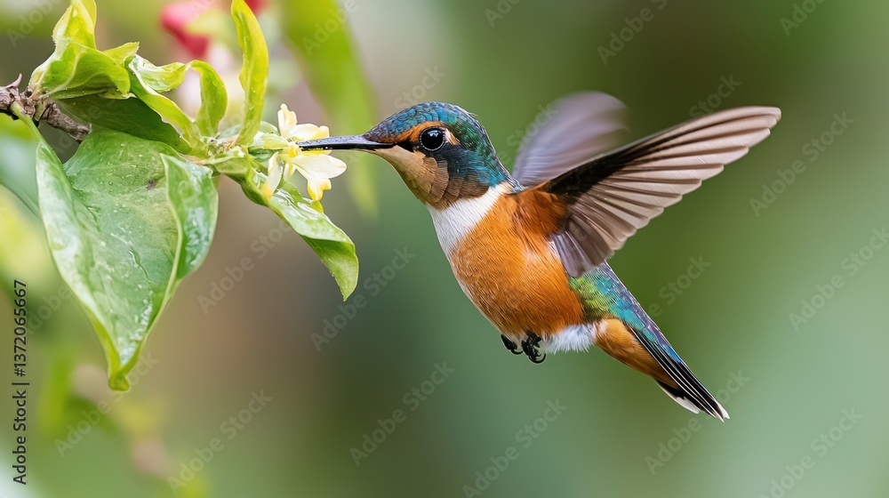 Fototapeta premium Hummingbird in flight feeding on flower
