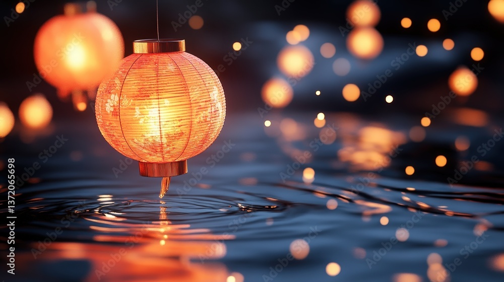 Glowing Red Lanterns Floating Above Serene Water at Night Glowing Red Lanterns Floating Above Serene Water at Night