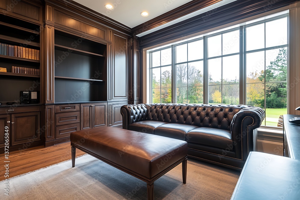 Fototapeta premium Luxury executive office with leather sofa and dark wood furniture, premium corporate setting, professional workspace