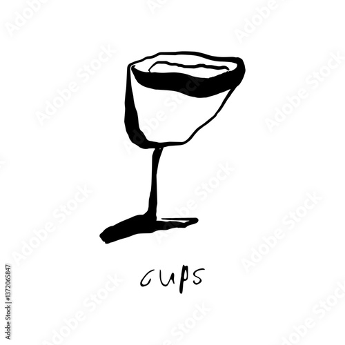 Cup, Tarot cards suit, doodle line drawing, vector, black and white, chalice, minor arcana symbol