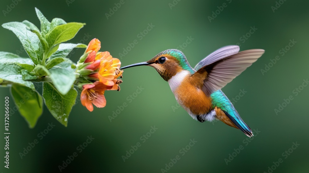 Fototapeta premium Hummingbird in flight near vibrant flower