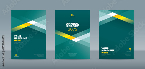 Stylish and editable book cover template featuring green, yellow,, and white geometric designs. A4 size book cover template for annual report, magazine, booklet, proposal, portfolio, brochure, poster
